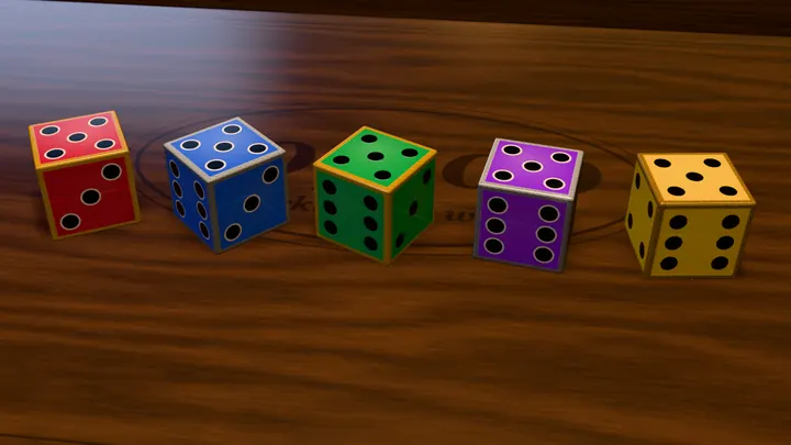 Five gold-lined and silver-lined dice in ruby, sapphire, emerald, amethyst and citrine on a polished walnut tray.