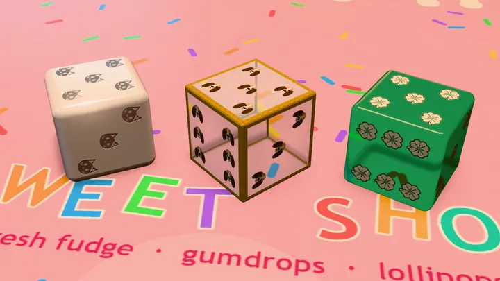 Three big dice on the Candy Shop table: one with cat pips, a clear die with dog pips and a green die with clover pips.
