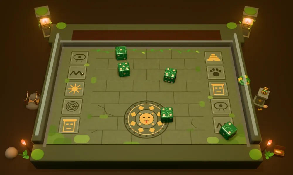 Five green dice tumbling across the stone floor of the Jungle Temple table, with torches and mossy pillars at the corners.