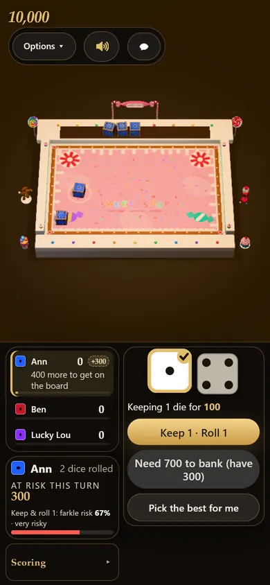 A phone in the middle of a turn: a small view of the table above, the two dice just rolled with a 1 picked to keep, and buttons to keep and roll again or let the game pick the best.