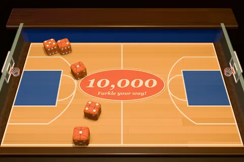 The Basketball Court table: glossy maple boards, blue keys and a hoop at each end, with basketball dice.