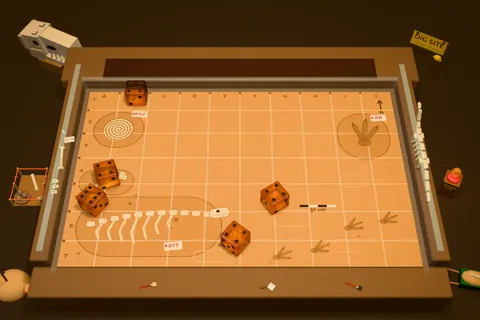 The Dino Dig table: a gridded dig site with a dinosaur skeleton and orange dice.