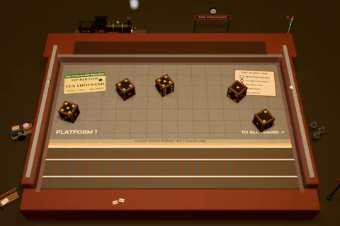 The Steam Railway table: a station platform with a steam engine and timetable posters.
