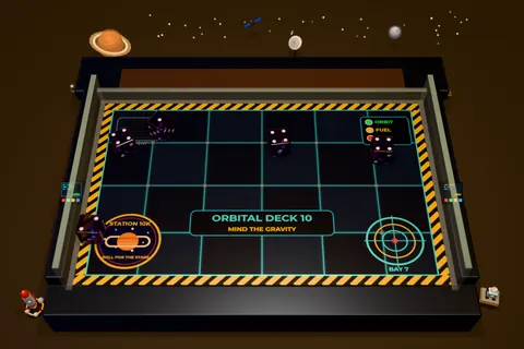 The Space Station table: a glowing teal grid deck with hazard stripes and a planet overhead.
