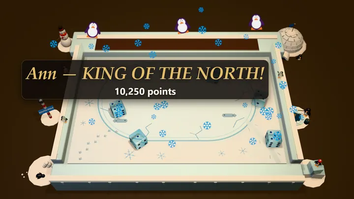 The Arctic Igloo table with snowflakes falling and penguins on the rail. A banner reads: Ann, King of the North! 10,250 points.